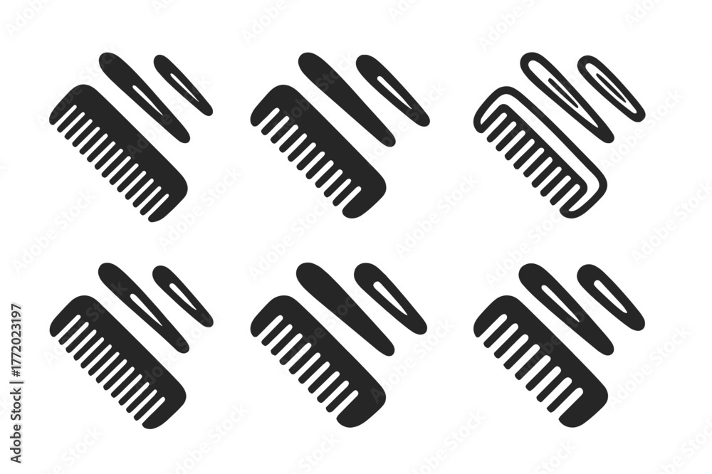 Obraz premium Haircutting Logo Variations. Haircutting comb and clips. Set Logo of Haircutting comb and clips: Fine-tooth precision comb. Icon set. harmonious logo