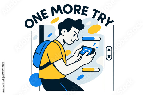 Gaming Elevator Wait. Playing a mobile game on the go ? Elevator wait. Doors frame the scene as progress bars float; the player tilts for one last move. ?ONE