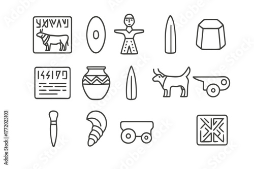 Indus Icons Collection. Indus Valley relics. Line icon set of Indus Valley relics: steatite seal, carnelian bead, terracotta figurine, weight stone, script