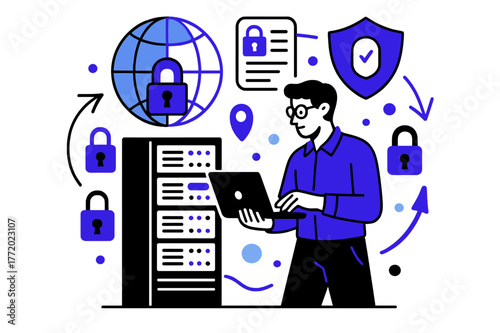 Global Privacy Security. Online privacy laws and their global implications. IT specialist monitoring server room with abstract floating locks, shields, and