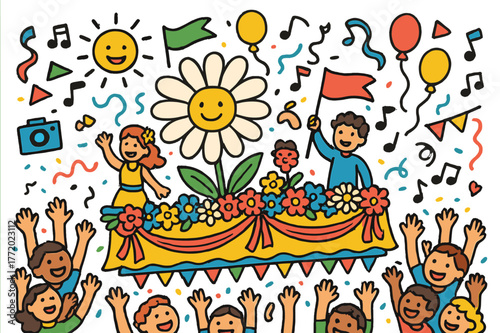 Festive Flower Parade. Flower parade. Colorful Hand-drawn doodle Children illustration Flower parade decorated float, garlands, crowd cheering, music notes,