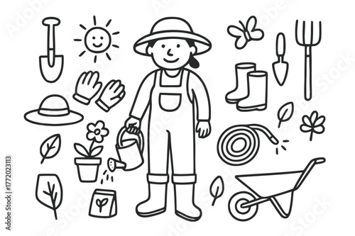 Gardening Doodle Icons. Gardener. Hand-drawn doodle illustration gardener watering can, shovel, rake, gloves, hat, boots, flower pot, trowel, hose,
