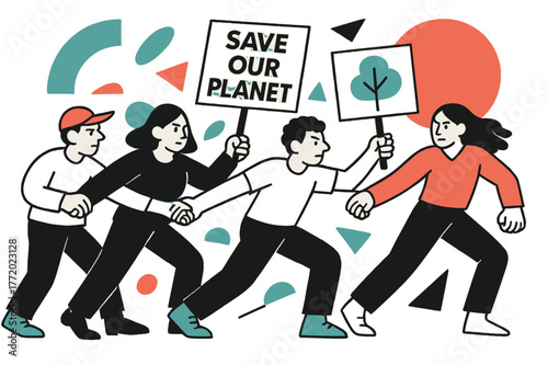 Dynamic Environmental Activism. Environmental Protests. Protesters forming a human chain with floating abstract geometric shapes and green accents, strong and