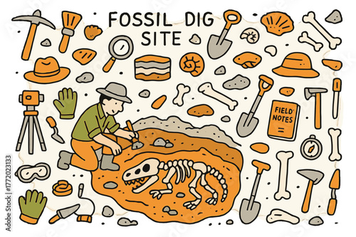 Colorful Fossil Dig. Fossil dig site. Hand-drawn doodle illustration paleontologist (colored), dinosaur skeleton (colored), fossils (colored), excavation tools