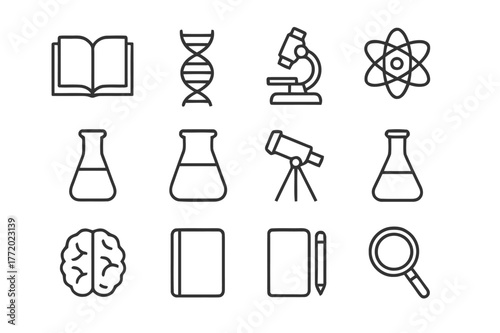 Scientific Learning Icons. Scientific learning. Line icon set of scientific learning: open book, DNA strand, microscope, atom, test tube, beaker, telescope,