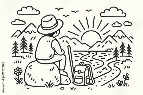 Solitary Traveler Sketch. Solitary Traveler. Hand-drawn doodle illustration Solitary Traveler person sitting on rock, gazing at sunset, mountains, clouds,