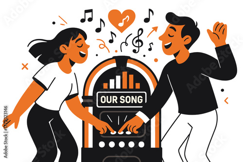 Jukebox Harmony. Jukebox duet. They press chrome buttons together as colorful track bars rise; notes swirl into a shared heart. ?Our song? scrolls on the
