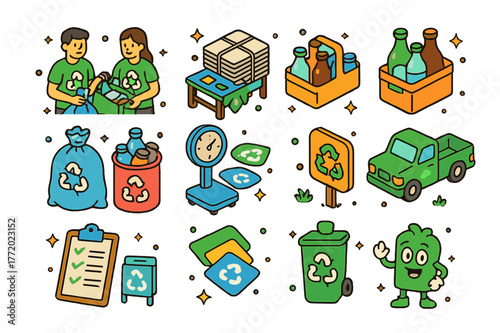 Recycling Drive Icons. Neighborhood recycling drive. Colorful isometric vector icons set of neighborhood recycling drive: volunteers, sorting table, paper