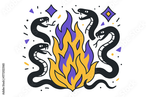 Fiery Serpent Dance. Writhing Serpents in Fire. Serpents emerging from a blazing inferno with floating abstract geometric flames and sparks, dramatic and