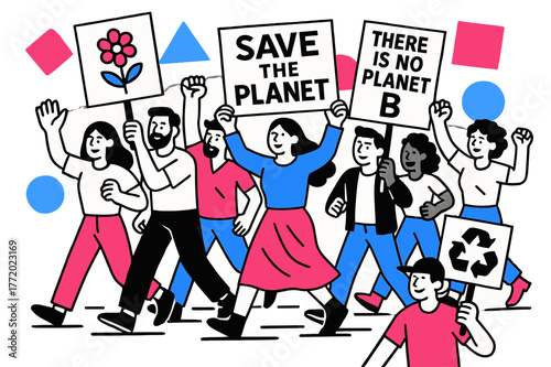 Eco Protest Artistry. Environmental Protests. Street filled with demonstrators holding eco-friendly signs with floating abstract geometric shapes, vibrant and