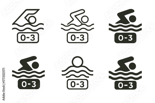 Swim Logo Variations. Swim tracking. Set Logo of Swim tracking: swimmer lane icon with lap counter. harmonious logo variations of the same emblematic concept,