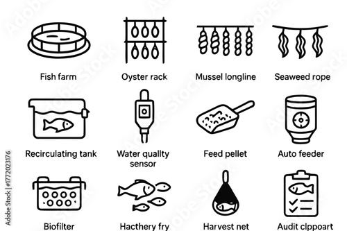 Sustainable Aquaculture Icons. Sustainable Aquaculture. Line icon set of Sustainable Aquaculture: fish farm pen, oyster rack, mussel longline, seaweed rope,