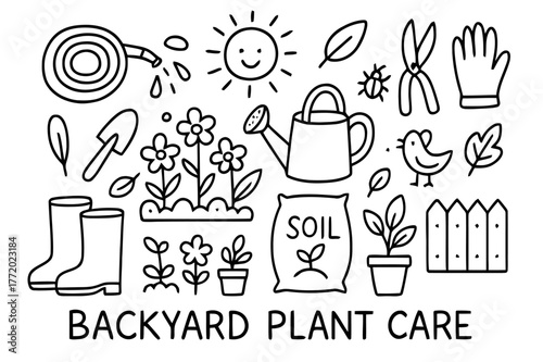 Backyard Plant Care Icons. Backyard plant care. Hand-drawn doodle illustration backyard plant care hose, watering can, trowel, pruning shears, gloves, soil