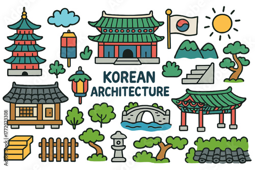 Korean Architecture Doodle. Korean Architecture. Colorful Hand-drawn doodle Children illustration Korean Architecture pagoda, palace, hanok house, gate,