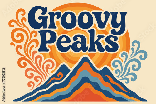 Groovy Peaks Poster. Groovy Peaks ? 70s Poster; funky curved font with wavy stacked layout; concentric rings and warm gradient bands; soft inner shadow;