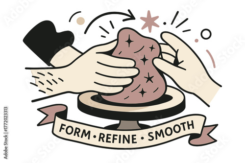 Dynamic Clay Sculpture. Sculpting in clay. Hands press and rotate a soft form on a turntable; score marks turn into tiny stars. A ribbon label reads ?Form ?