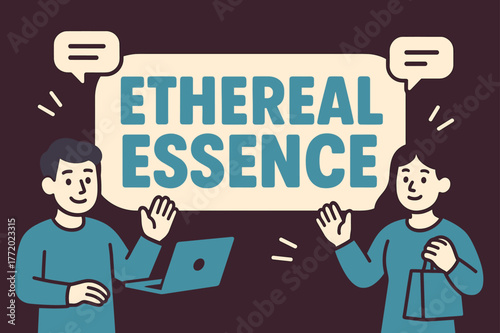 Ethereal Essence Banner. Ethereal essence banner, flat vector illustration, bold oversized text inside rounded rectangle, cartoon characters standing calmly