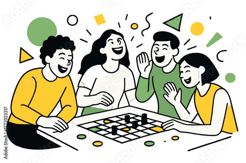 Joyful Game Night. Laughing in a Group. Friends playing board games and laughing with floating abstract geometric shapes, happy and lively indoor scene. Modern