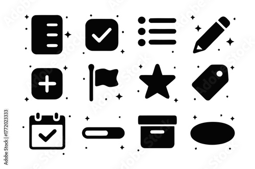 To-Do Icons Grid. To-Do and Tasks. Solid icons set of To-Do and Tasks: checklist, checkbox tick, bullet list, pencil edit, plus task, priority flag, star