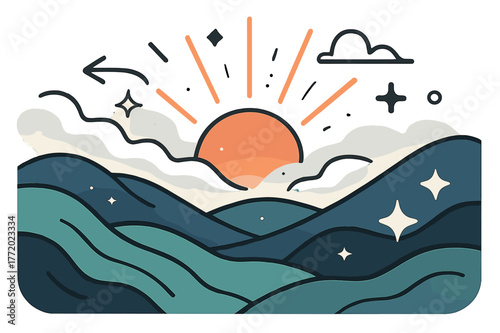 Serene Sunrise Hills. Rolling hills. Sunrise over rolling hills with abstract floating mist, rays, and sparkles; emphasizes peaceful morning, nature, and