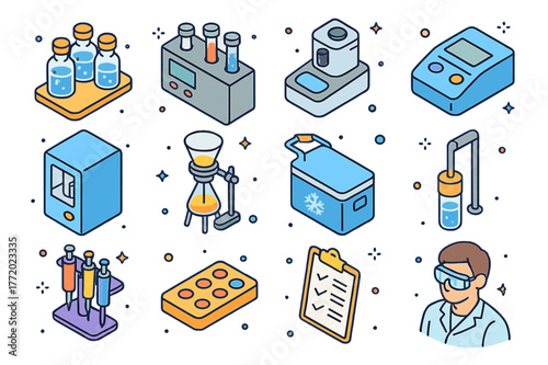 Colorful Lab Equipment Icons. Wastewater laboratory testing. Colorful isometric vector icons set of Wastewater laboratory testing: BOD bottles, COD reactor,