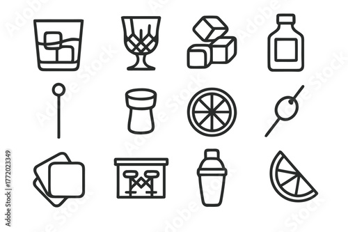 Luxury Drink Icons. Luxury drink. Line icon set of luxury drink: whiskey glass, crystal glass, ice cubes, bottle, cocktail stirrer, cork, lemon slice, olive,