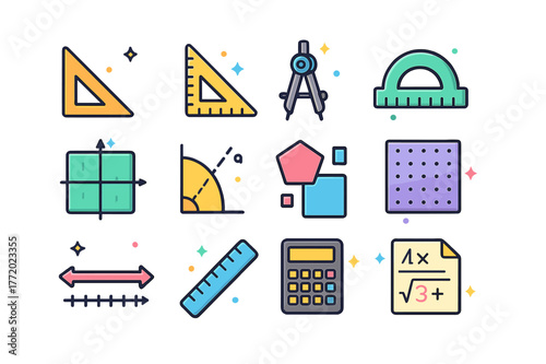 Colorful Geometry Icons. Geometry class. Colorful isometric vector icons set of Geometry class: right triangle, set square, compass, protractor, coordinate