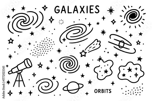 Galactic Doodles. Galaxies. Hand-drawn doodle illustration galaxies spiral galaxy, elliptical galaxy, barred galaxy, stars, orbits, telescope, cosmic swirl,
