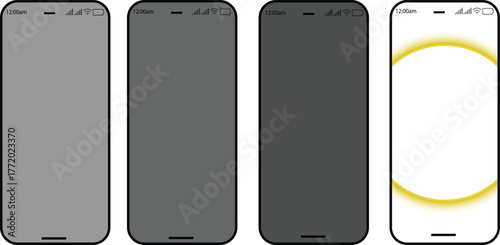 Four modern smartphone mockups in a row showing different screen states and designs.Multiple Screen States in a Row.Display Mockups of Four Smartphones with Different Screen States.