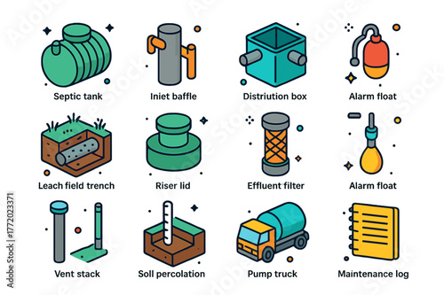 Septic System Icons. Septic systems. Colorful isometric vector icons set of Septic systems: septic tank, inlet baffle, outlet baffle, distribution box, leach