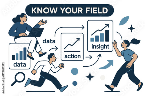 Dynamic Market Insights. Pitch Deck ? Market Research. Minimal charts rise on floating cards; arrows connect ?data > insight > action.? Caption ?know your