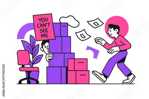 Playful Office Hideout. Office Hide and Peek. Rolling chair, tall plant, and box towers create hiding nooks; a sticky note reads ?You can?t see me.? The seeker