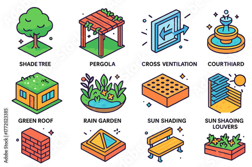 Eco-Friendly Urban Icons. Green architecture in urban spaces without technology. Colorful isometric vector icons set of Green architecture in urban spaces