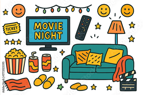 Cozy Movie Night. Movie night at home. Colorful Hand-drawn doodle Children illustration Movie night at home TV screen, remote control, popcorn bucket, cozy