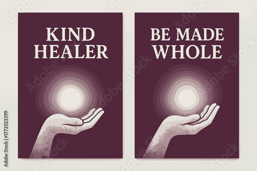 Healing Touch Banners. Healing Touch. Two vertical A6 banners with safe margins, centered composition, no elements touching edges, bold, plum and silver,