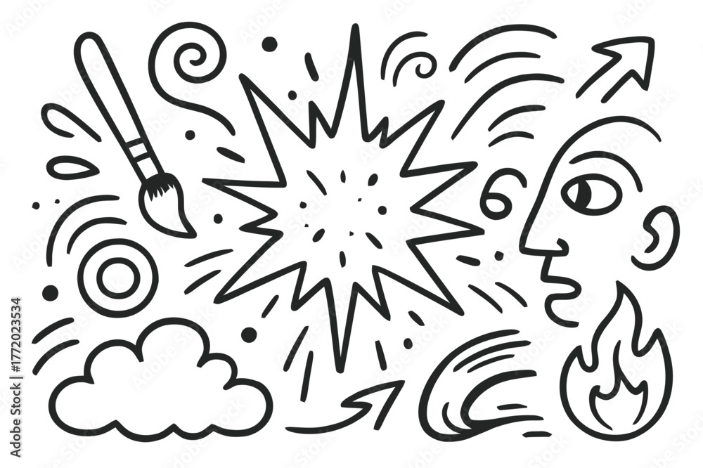 Fototapeta premium Doodle Color Burst. Color explosion. Hand-drawn doodle illustration color explosion starburst, paint splash, brush, swirl, circles, dots, lines, abstract face,
