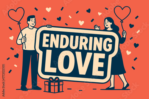 Enduring Love Celebration. Enduring Love banner, flat vector illustration, bold oversized text inside sticker outline banner, cartoon characters standing and