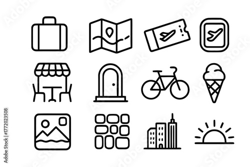 Travel Icon Set. Travel Snippets. Line icon set of Travel Snippets: suitcase, map, ticket, window seat wing, street cafe, doorway, bicycle, gelato cone,