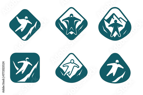 Wingsuit Logo Variations. Wingsuit flying. Set Logo of Wingsuit flying: flyer slicing through valley. harmonious logo variations of the same emblematic