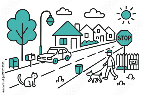 Cartoon Street Scene. // Street view. Hand-drawn doodle illustration Street view [sidewalk (accented), road, streetlight (accented), parked car, mailbox, front