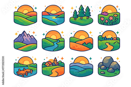 Dawn Landscape Icons. dawn landscapes. Colorful isometric vector icons set of dawn landscapes: rolling hills, calm lake, pine trees, mountain ridge, winding