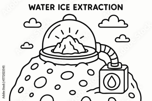 Ice Extraction Coloring Page. Water ice extraction children?s coloring book illustration, outlined drawing, small dome heater melting ice on an asteroid into a
