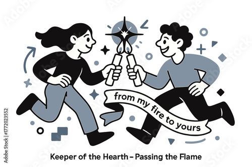 Passing the Flame. Keeper of the Hearth ? Passing the Flame. Two figures touch candles tip-to-tip; a soft spark bridges the light. Ribbon reads ?from my fire