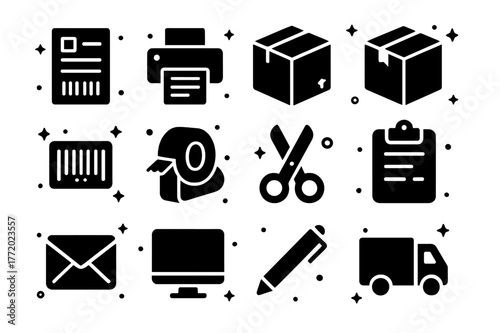 Shipping Icons Grid. Shipping Operations. Solid icons set of Shipping Operations: shipping label, printer, package, box, barcode, tape dispenser, scissors,