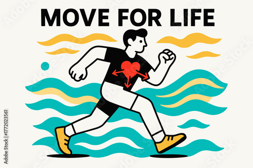 Energetic Movement Illustration. Why We Need to Exercise. A dynamic figure runs through abstract waves of energy; ?Move for Life? floats above glowing rhythm