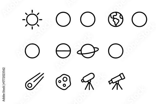 Astronomy Icon Set. Astronomy study. Line icon set of astronomy study: sun, mercury, venus, earth, mars, jupiter, saturn, uranus, neptune, comet, asteroid,