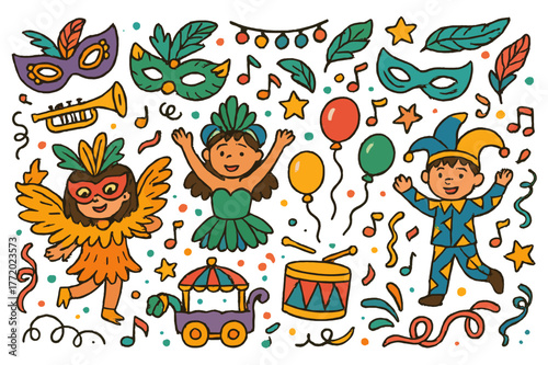 Vibrant Carnival Scene. Carnival celebration. Colorful Hand-drawn doodle Children illustration Carnival celebration masks, feathers, trumpets, costumes, parade
