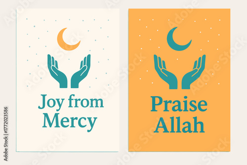 Mercy and Happiness. Mercy & Happiness. Two vertical A6 banners with safe margins, centered composition, no elements touching edges, minimal, turquoise and