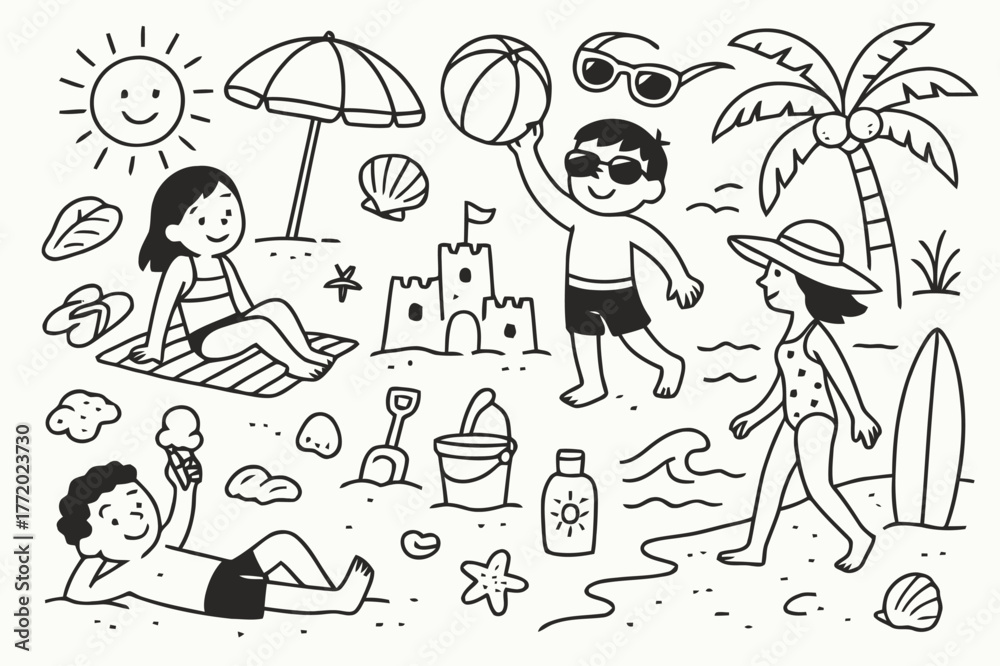 Obraz premium Beach Day Doodles. People enjoying a day at the beach. Hand-drawn doodle illustration people enjoying a day at the beach umbrella, beach towel, sunglasses,