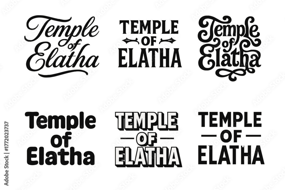 Obraz premium Temple of Elatha Lettering. Temple of Elatha. Set lettering. harmonious lettering variations of the same emblematic concept, each with different artistic